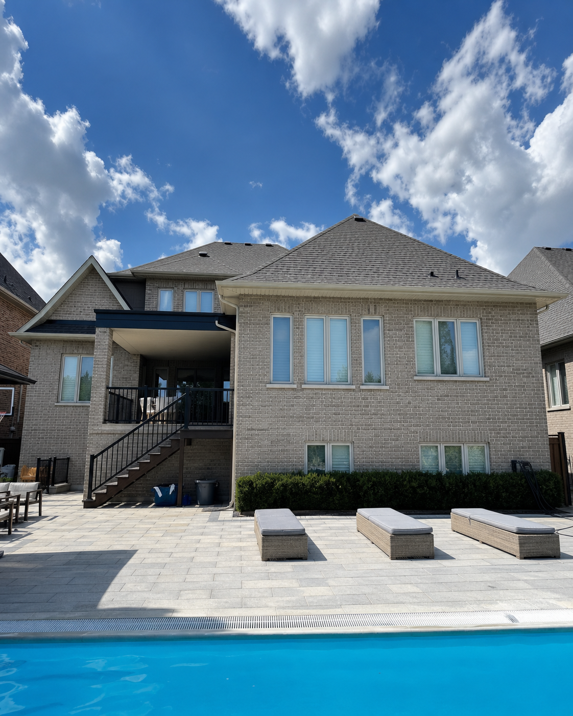Back exterior of a home with a refined natural semi-transparent mineral stained brick finish