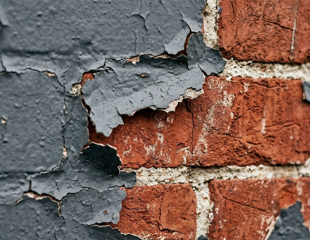 Peeling grey paint flaking away from red brick